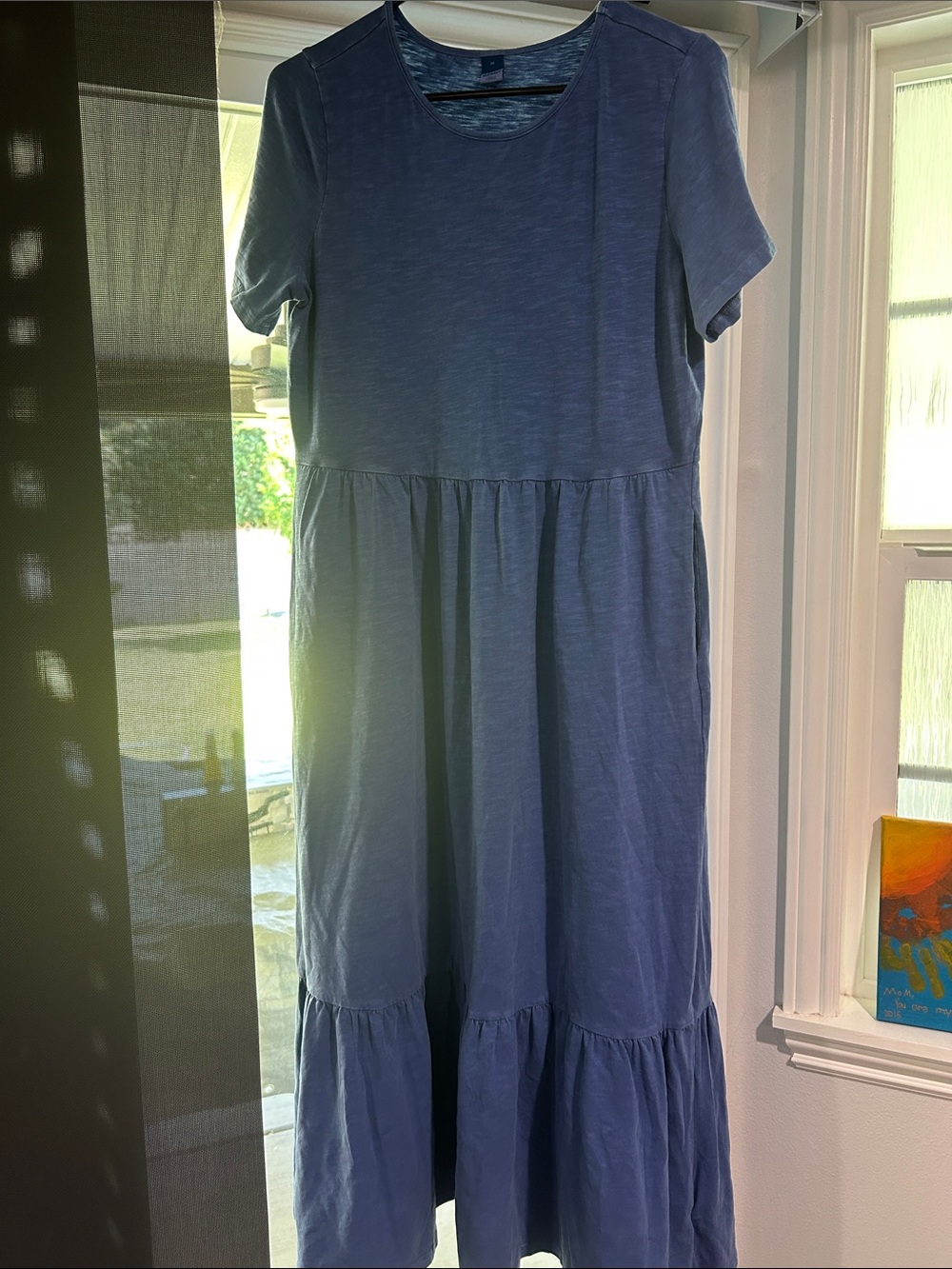 Casual Short Sleeve Blue Tiered Midi Dress
